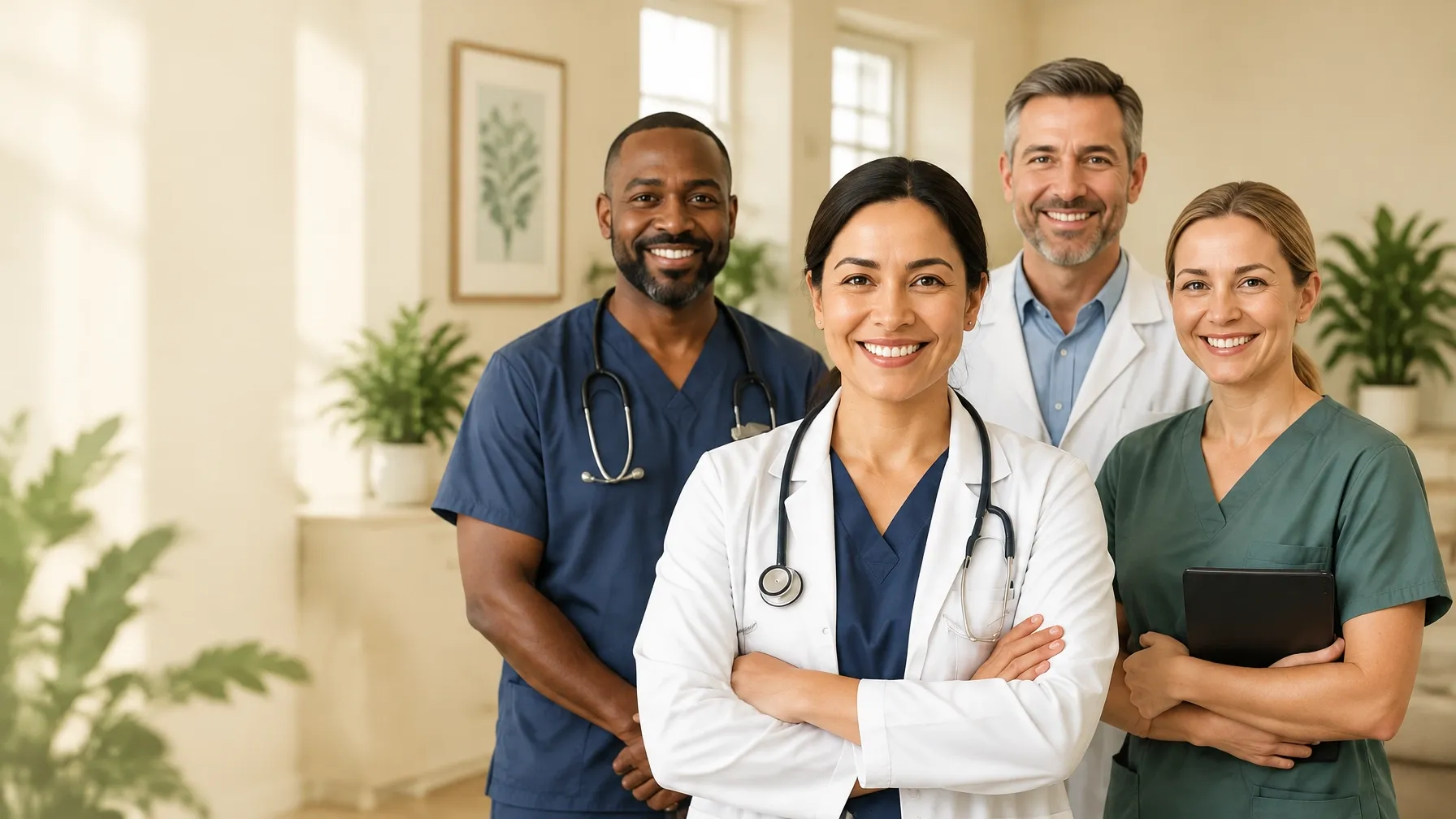 Healthcare professionals standing together in a welcoming clinic
